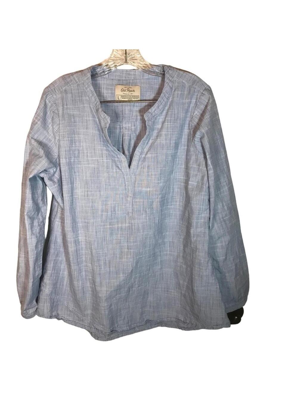 Old ranch top women’s L blue long sleeve V-neck cotton pullover lightweight